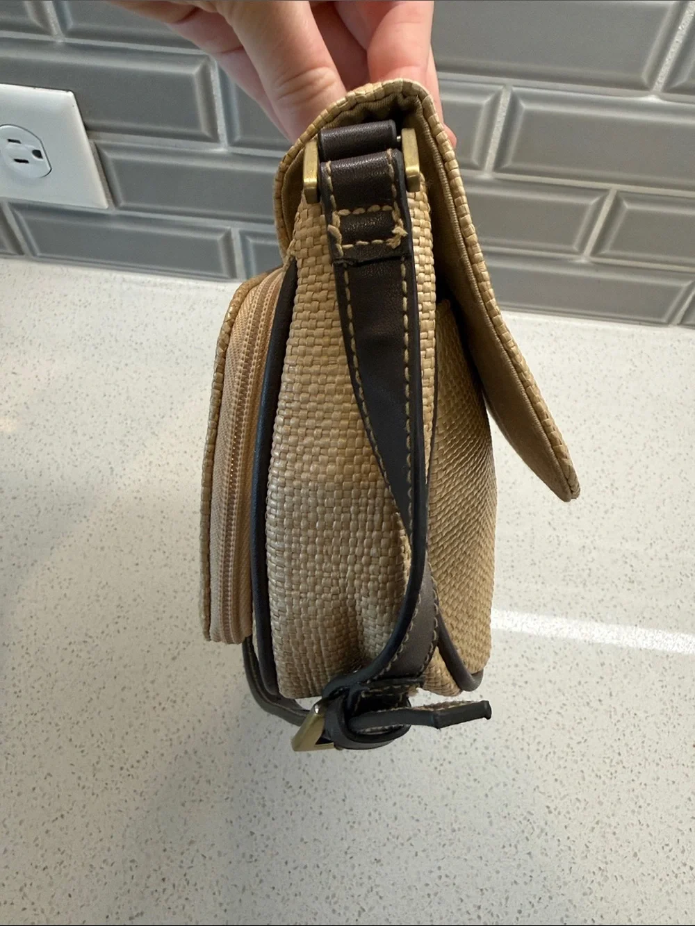 Crazy Horse Women’s Beige Crossbody Shoulder Bag with Dark Brown Trim